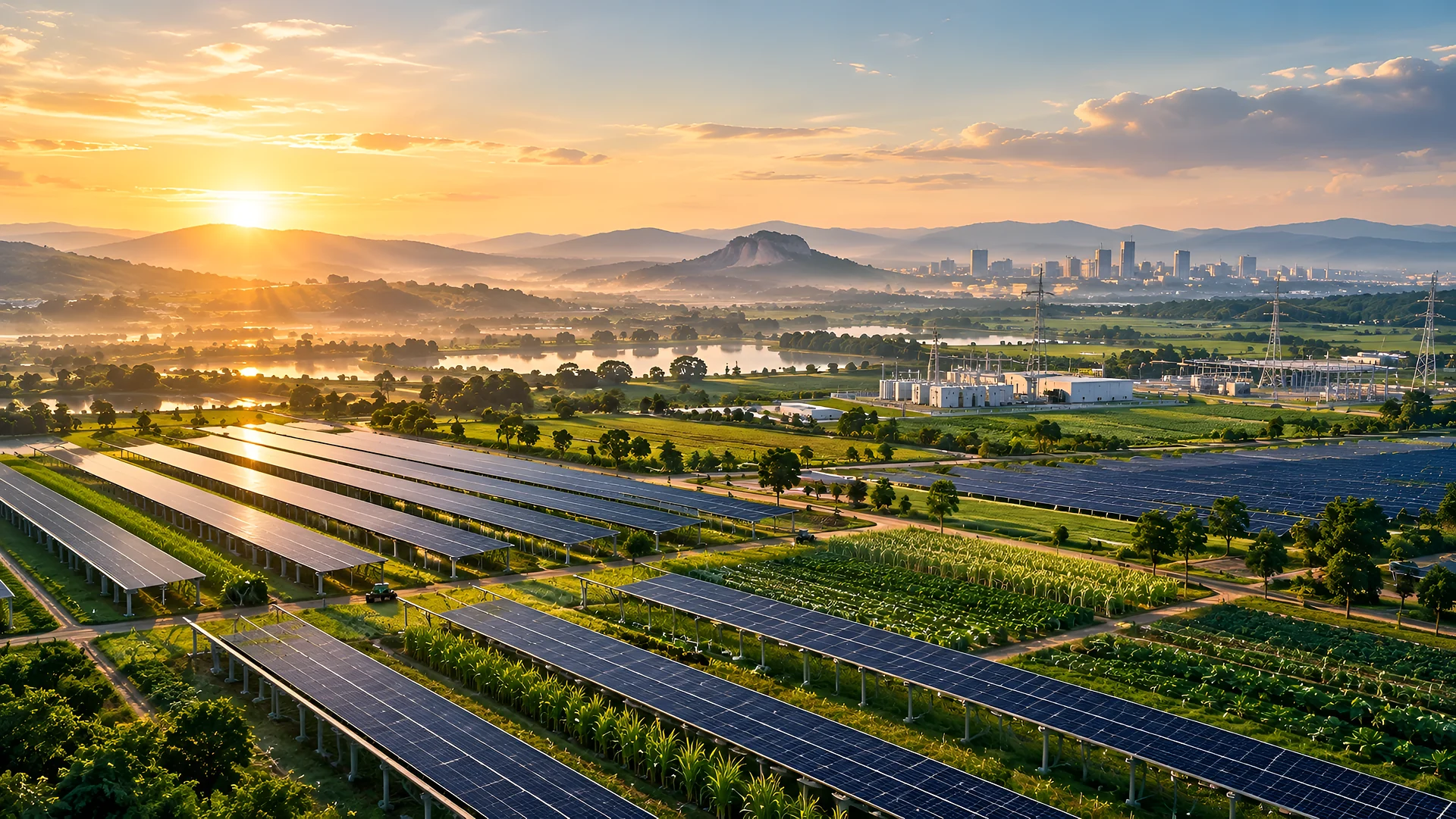 Raised solar panels over farmland